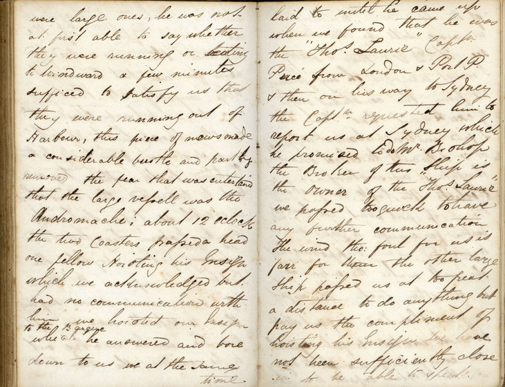 Cursive hand written diary pages on cream coloured paper, slightly smudged with black ink stains