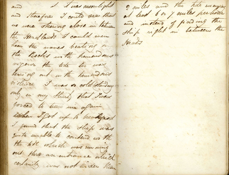 Cursive hand written diary pages on cream coloured paper, slightly smudged with black ink stains