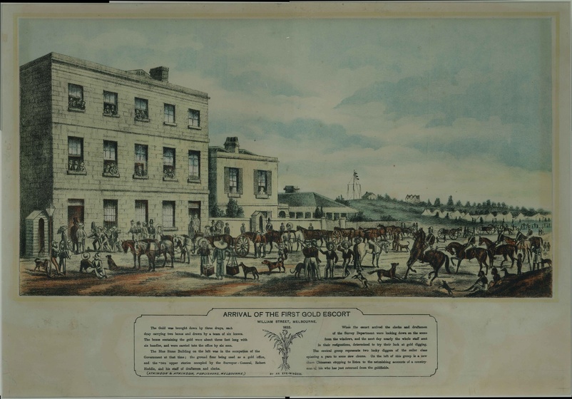 Streetscape of Melbourne in the mid 1850s. A three story stone building stands to one side, with a large group of people, horses and dogs standing around outside on the dirt road. In the distance is a green hill with trees.