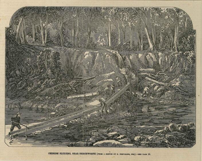 Drawing of a mining site, a long drain stretching from a shallow hill to the bottom of an open space. Men stand around, either working on the drain or in the nearby rock mounds.