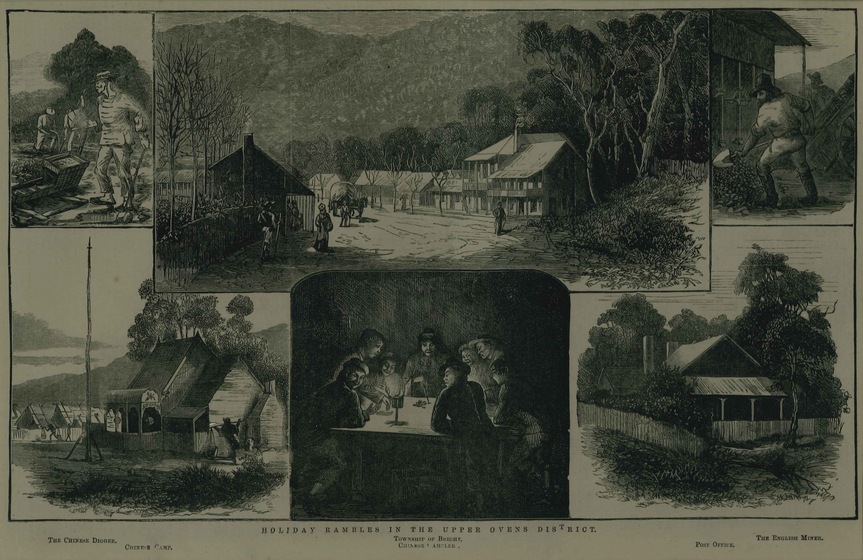 A selection of different drawings collaged together on one page, including a weatherboard house, a camp site in the bush, a group of men sitting around a table by candlelight, and other scenes of men working on mining sites.