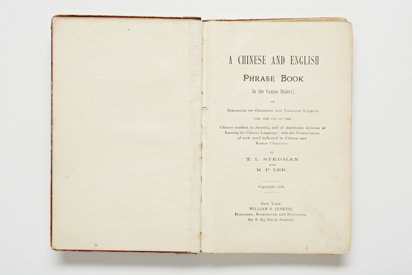 Double page book, the left inside cover blank, and the right side with the book title in black text.