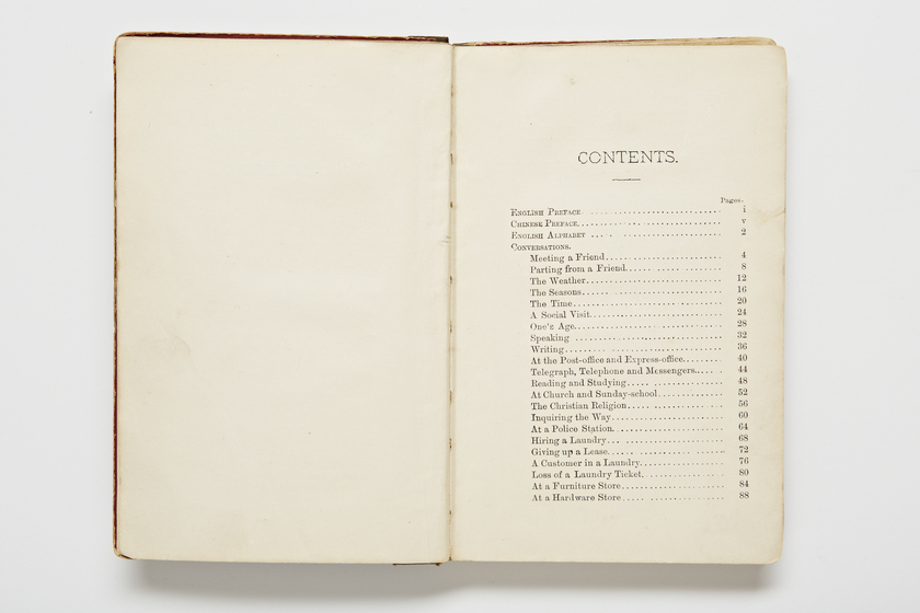 Double page book, blank on the left hand side and the contents on the right side in black text.