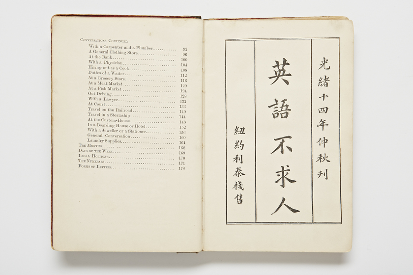 Double page book with the contents on the left hand side and Cantonese characters on the right hand side.