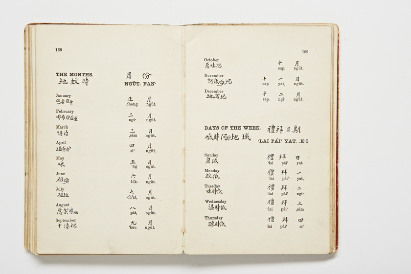Double page book with Cantonese characters and English translations.