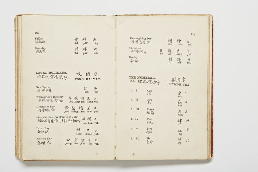 Double page book with Cantonese characters and English translations.