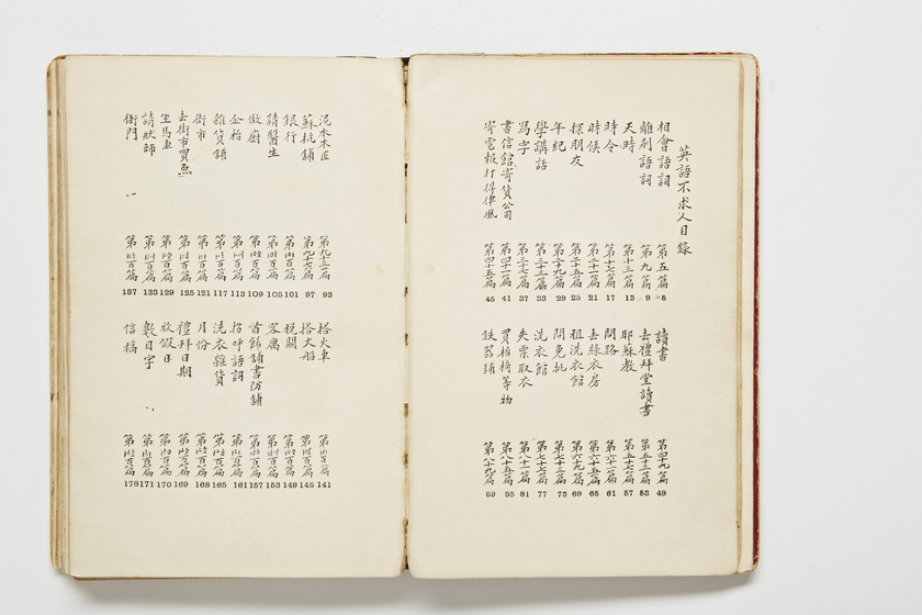 Double page book with Cantonese characters and English translations.