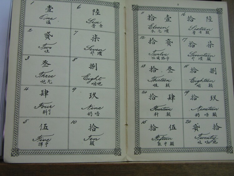 Double page book with Cantonese characters and English translations.