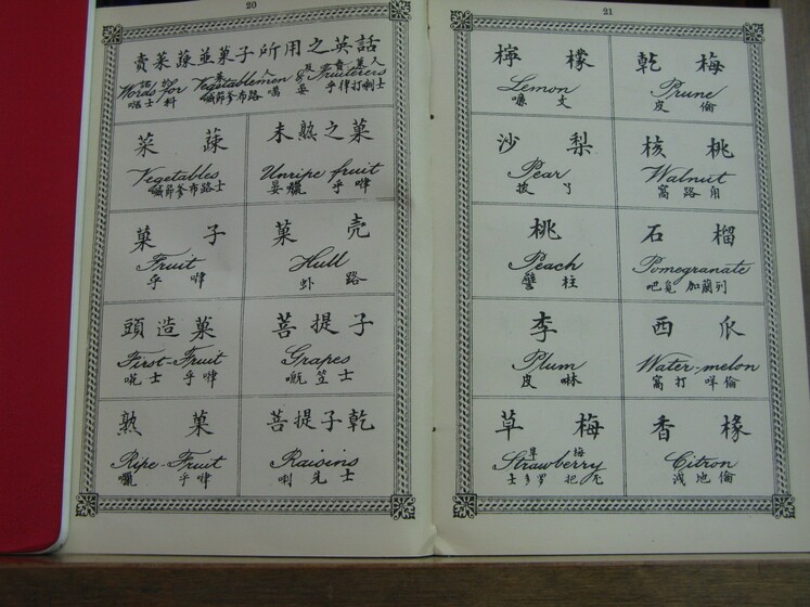 Double page book with Cantonese characters and English translations.