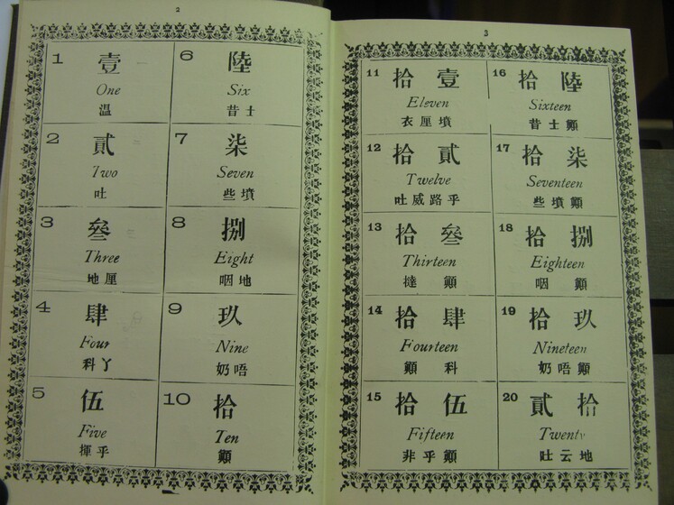 Double page book with Cantonese characters and English translations.