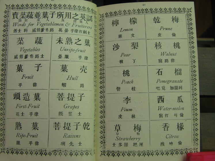 Double page book with Cantonese characters and English translations.