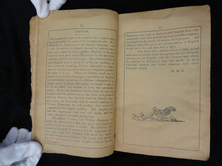 Double page book with English writing on both sides and a small illustration of chickens on the bottom right hand side.