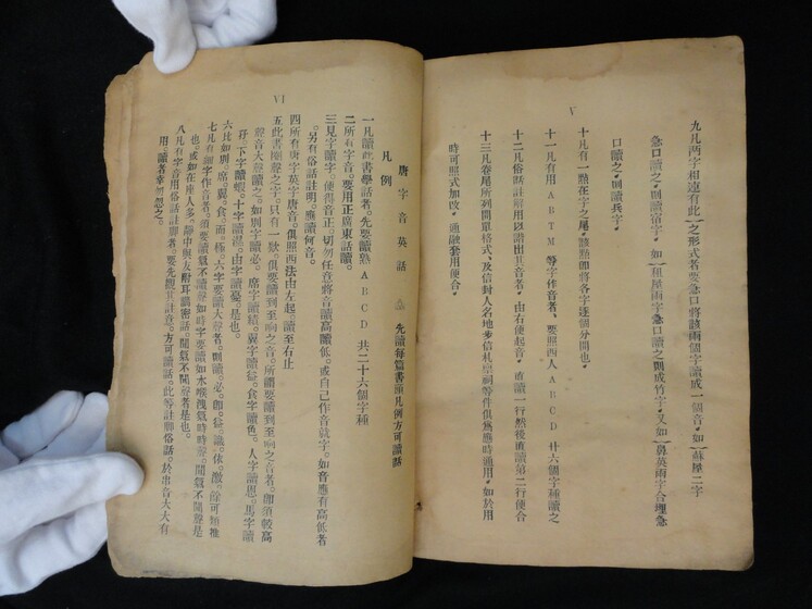 Double page book with Cantonese characters on both sides, being held by hands in white gloves.