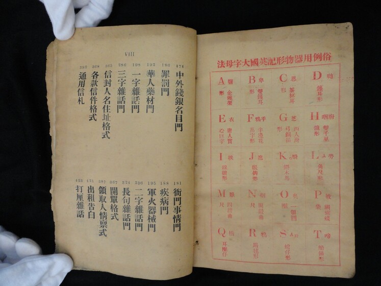 Double page book with Cantonese characters and English translations.