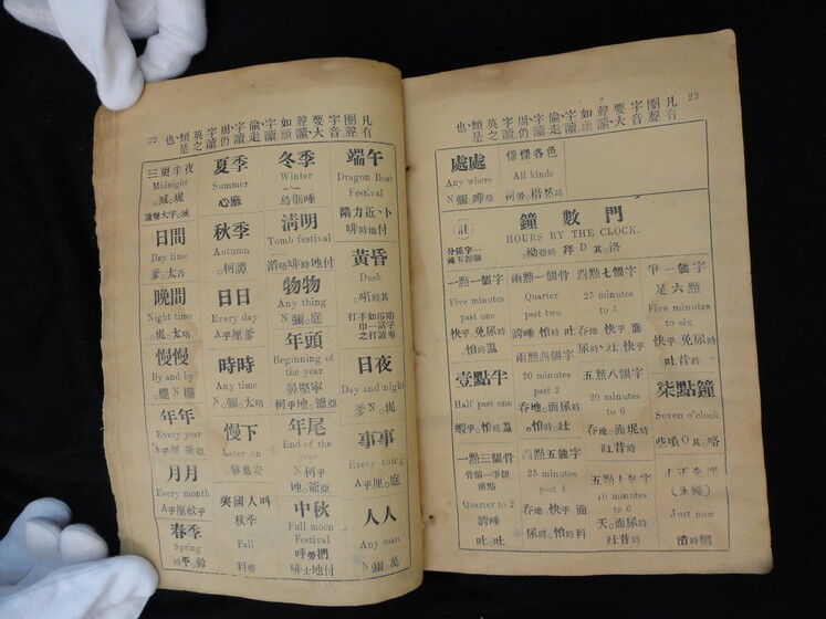 Double page book with Cantonese characters and English translations.