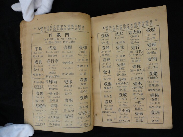 Double page book with Cantonese characters and English translations, being held by a hand with a white glove on.