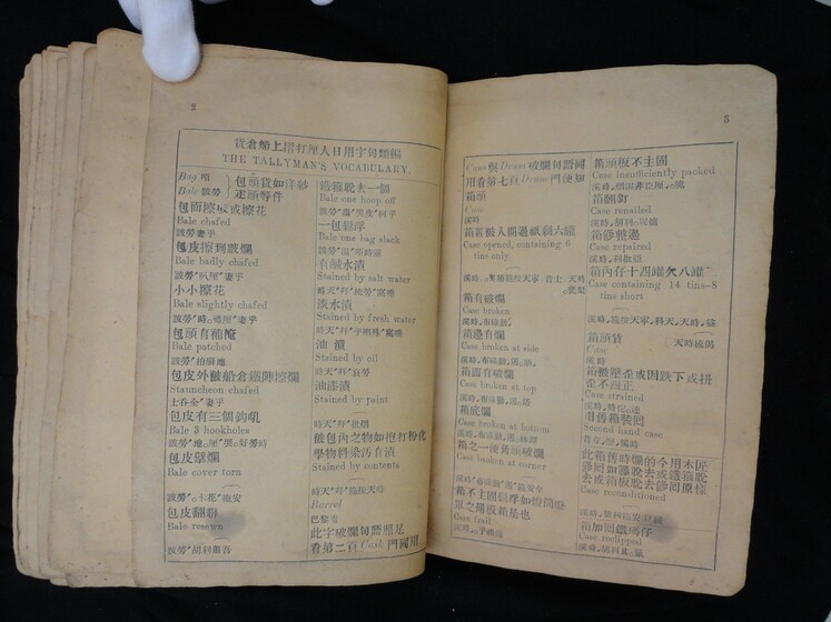 Double page book with Cantonese characters and English translations, being held by a hand with a white glove on.