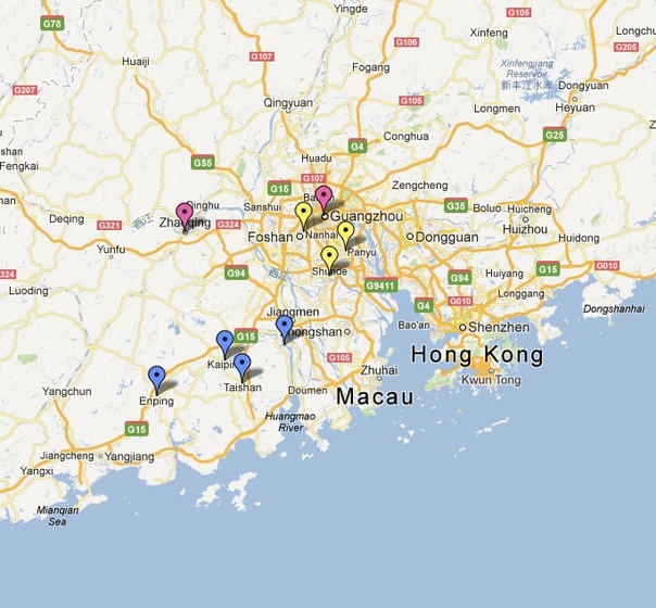 Computer generated map of the Southeast Coast of China, with yellow and red pin drops in various locations and yellow lines stretching across the land mass.