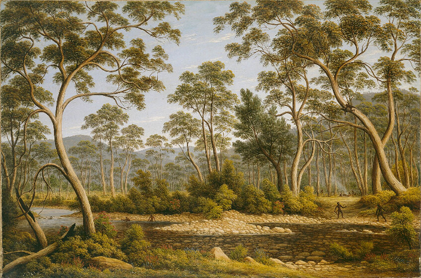 A landscape painting of a stony dry riverbed, with large trees creating a canopy cover over the open area. A creek runs on one side and two indigenous men walk in the distance.
