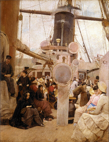 A group of 19th century people sit on the open area of a passenger ship, all dressed in hats, suits and full length skirts. The ships chimney stands in the centre of the ship, lines and masts coming off the sides.