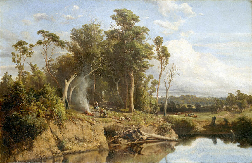 A landscape scene of a river bank, the water in the foreground and bushland and open fields on the edge of the river. A group of men sit on the riverbank in front of a campfire, smoke blowing into the air.