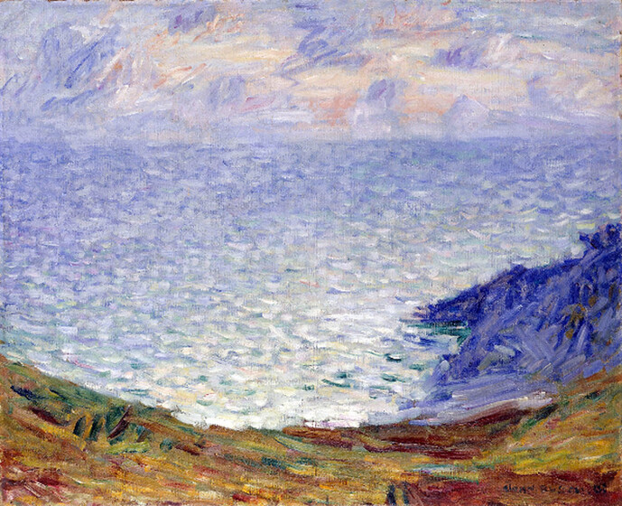 An impressionist style painting of the ocean and a shoreline of cliffs and grassy slopes. The sun can't be seen, but light shimmers on the water.