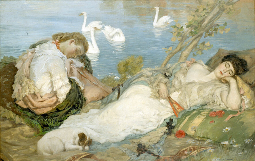 Two women dressed in Victorian era clothing lie on the bank of a river, their eyes closed as though asleep. A small dog lies next to one of the women, and on the river are four white swans.