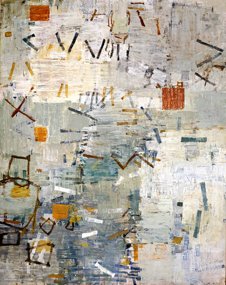 An abstract painting of various grey, green and beige squares. Over the top are yellow and blue lines, brown squares and white dashes.