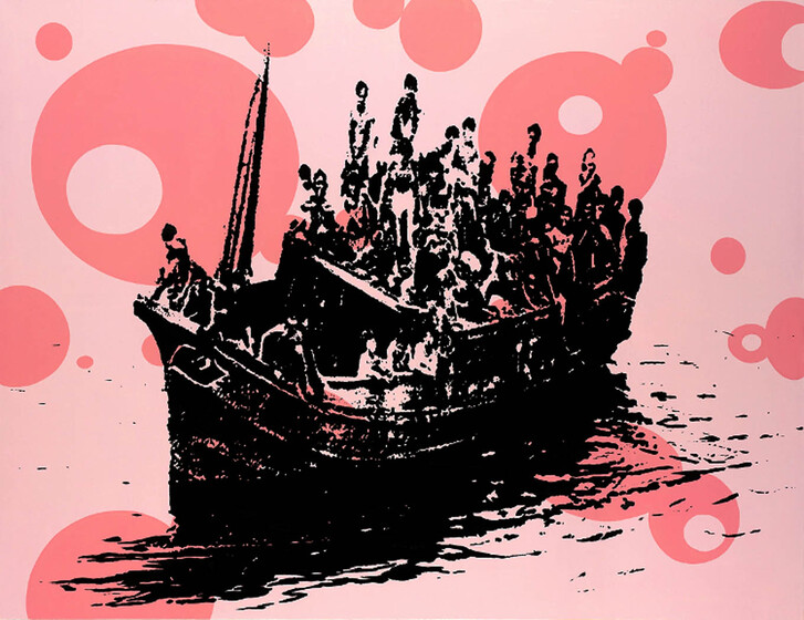 A stenciled image of an over crowded fishing boat full of refugees stands starkly against a bright pink background featuring different sized darker pink circles.