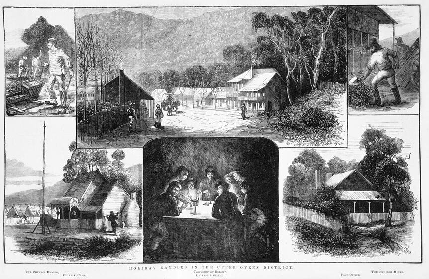 Black and white collage of drawings, each depicting a different scene including wooden houses, streetscapes, men labouring and tent encampments.