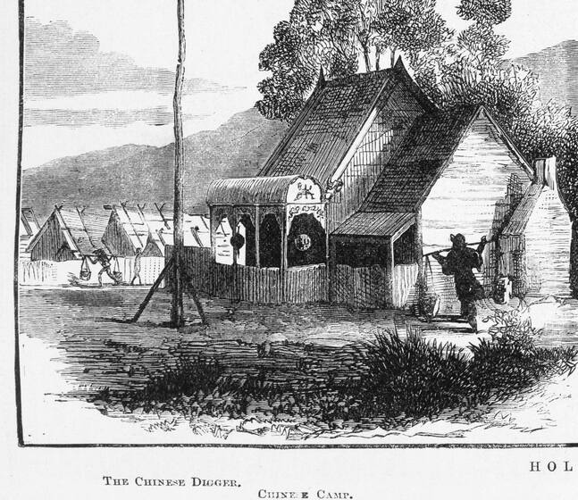 Black and white drawing of a labour camp on the goldfields. A small wooden house with a curved verandah roof stands at the front, with a set of tents standing in the background. A man carrying a pole on his shoulders walks past the house.