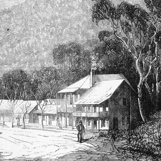 Black and white drawing of a streetscape in a bush setting. A solitary man walks down a dirt road in front of single and double story wooden buildings.