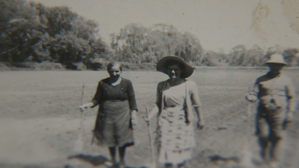 Black and white photograph of three women walking through an open field, each holding a stick in their right hand. Large trees line the edge of the field.
