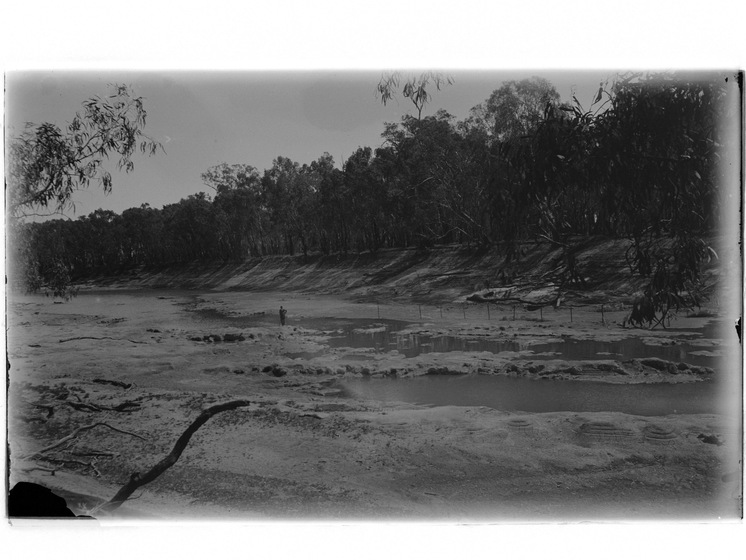 Landscape view of the dried out riverbed, a small trickle of water standing in the centre, mainly made up of muddy puddles. A man stands in the centre looking at the water, whilst tall gum trees stand along what was once the riverbank.