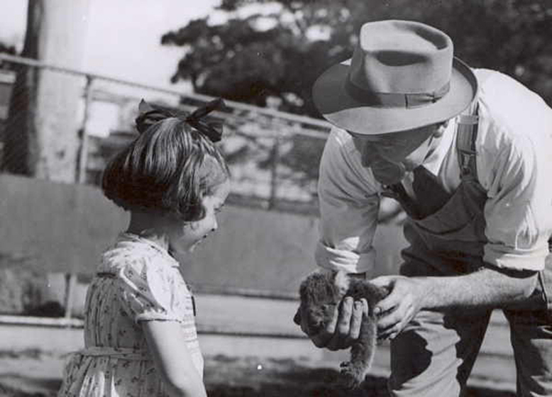 A man in an akubra and overalls leans over a small girl in a dress, he is holding a koala joey in his hands and is holding it out to the girl.