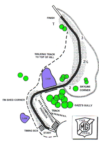 Computer constructed map of a race course, indicating groups of trees and water by green and blue circles and shapes.