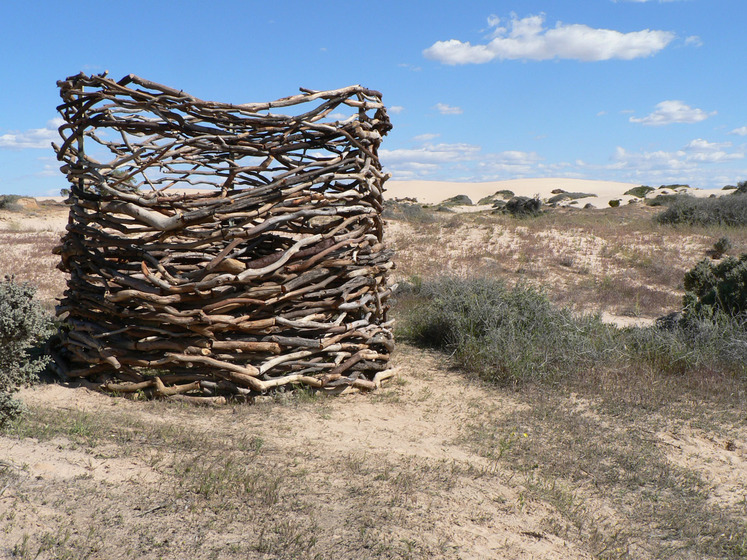 Different size sticks, smooth and white, are tied together to create almost a nest type shape. Behind the sculpture is blue sky and dry paddocks.