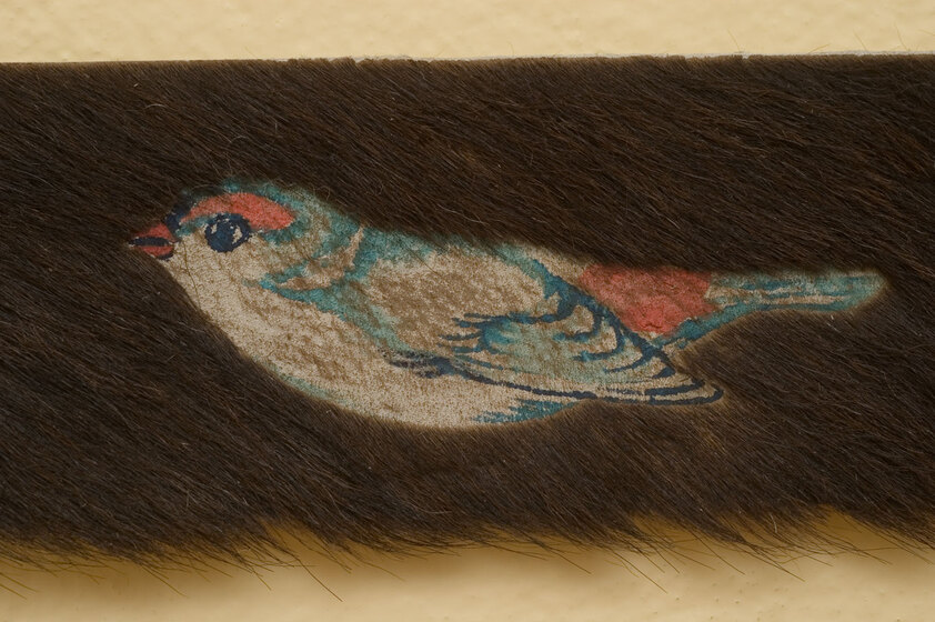 A small bird, possibly a swallow, etched into a piece of cow hide. It is green, red and blue in colour.