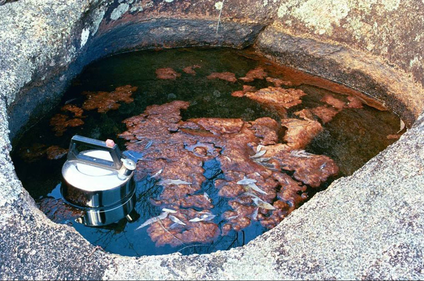 A photograph of a metal kettle positioned in a very small puddle of water, surrounded by river rocks. There is a lot of red murky slime on the top of the water.