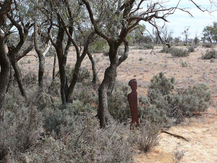 A wooden human like sculpture stands next to a well established tree, lichen growing up the sides. Around the sculpture is lots of bushland scrub and dry grass.