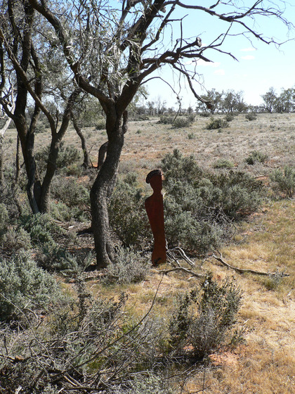 A wooden human like sculpture stands in lots of bushland scrub and dry grass, other taller trees stand directly behind the sculpture.