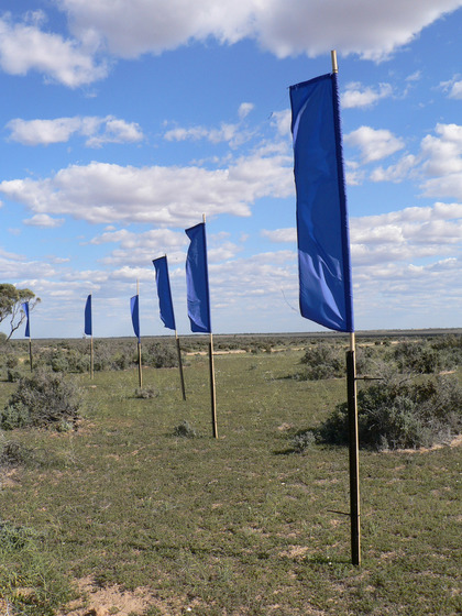 Grassy landscape with scrubby bushes dotted across the surface. In the centre are blue flags attached to tall poles - they're positioned at different heights and are flapping in the wind. The sky is blue with white rounded clouds.
