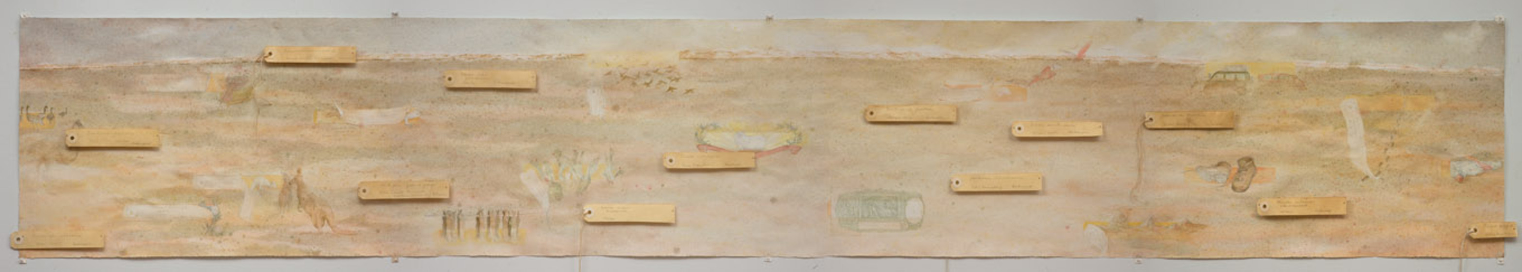 A long rectangle piece of paper in a dusty red brown colour, with brown labels attached to the surface at different points. There are some very faint drawings over the surface of the paper.