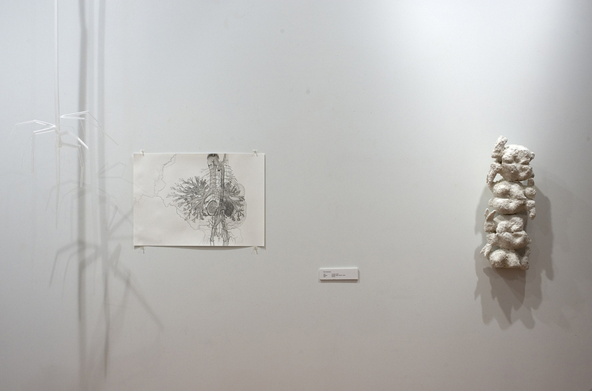 Two pieces of artwork attached to the wall, one an ink drawing on a white piece of paper, and one a small sculpture made of foam and salt, shaped like a pile of rabbits on top of each other.