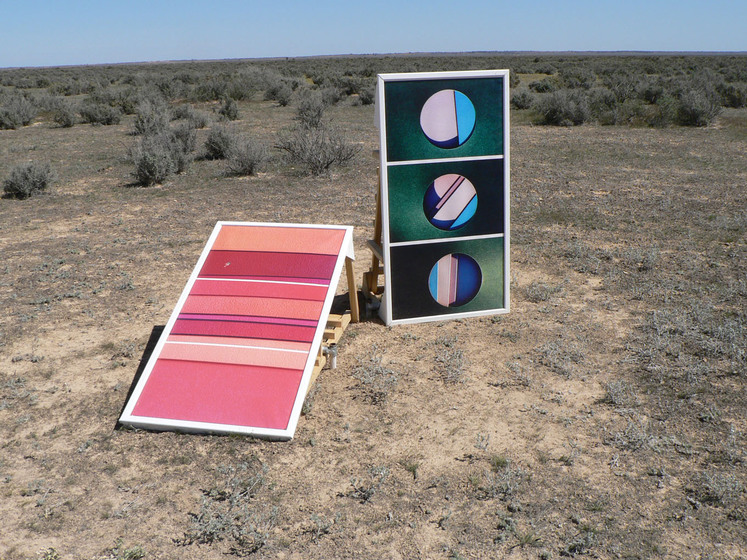Two large rectangle pieces of card, one leaning on a wooden structure so it looks like a ramp, and another standing straight up right. The leaning piece is coloured in red and yellow stripes and the upright piece is divided into three parts, each with a circle shape filled with greens, pinks and blues. It is set in a dry, dusty and scrubby landscape.