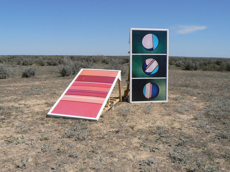 Two large rectangle pieces of card, one leaning on a wooden structure so it looks like a ramp, and another standing straight up right. The leaning piece is coloured in red and yellow stripes and the upright piece is divided into three parts, each with a circle shape filled with greens, pinks and blues. It is set in a dry, dusty and scrubby landscape.