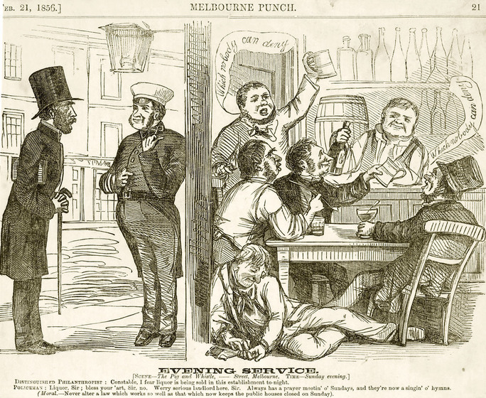 Two scenes are depicted in this print - on the left hand side is a scene of two well dressed men in suits, standing outside a brick building motioning to go inside the hotel. On the right hand scene is a group of men sitting at a table in front of a bar. They have beer glasses held in the air and barrels are lined on the shelf behind the bar. One man is lying on the floor inebriated.