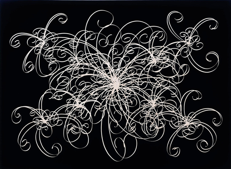 Black background with white circular shapes etched into it, spiraling out from the centre into the corners.