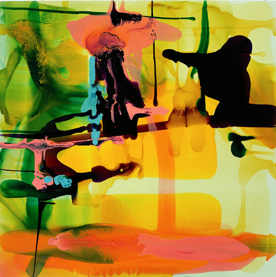 Colourful abstract painting made up of oranges, yellows, greens, pinks, blue and black. Some of the colours look like they're running off the page.