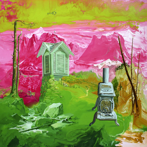 Abstract painting made up of greens, pinks and browns. The painting appears to depict a small wooden cabin on a rocky outcrop, a wood fire stove perched slightly down the hill. Behind the cabin are trees, rocks and mountains in pink and green.